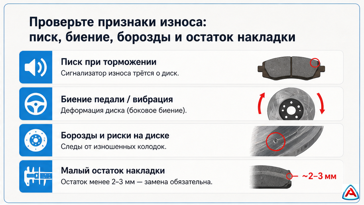 Инфографика признаков износа тормозных дисков и колодок