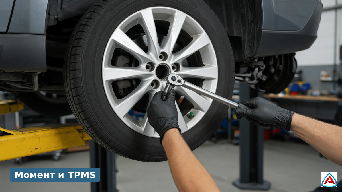 Момент затяжки и датчик TPMS на колесе в боксе СТО