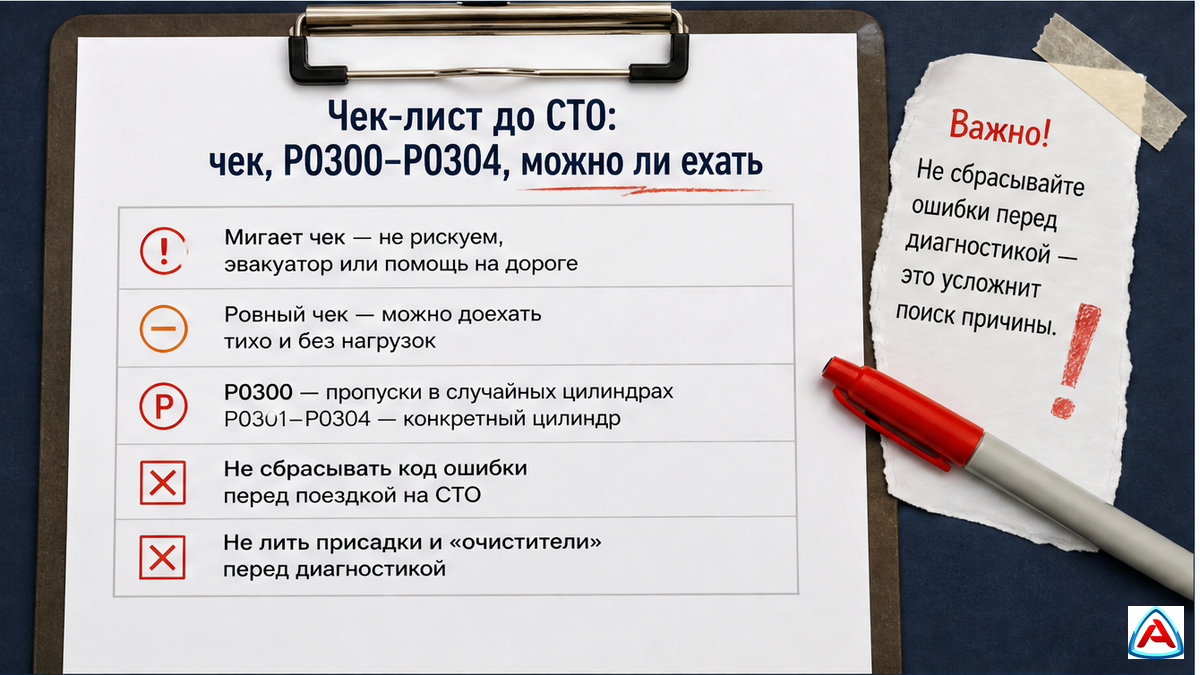 Чеклист до СТО: чек, P0300–P0304, ехать или эвакуатор